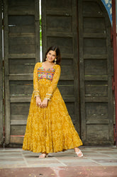 Designer Yellow Georgette Bandhani Work Gown